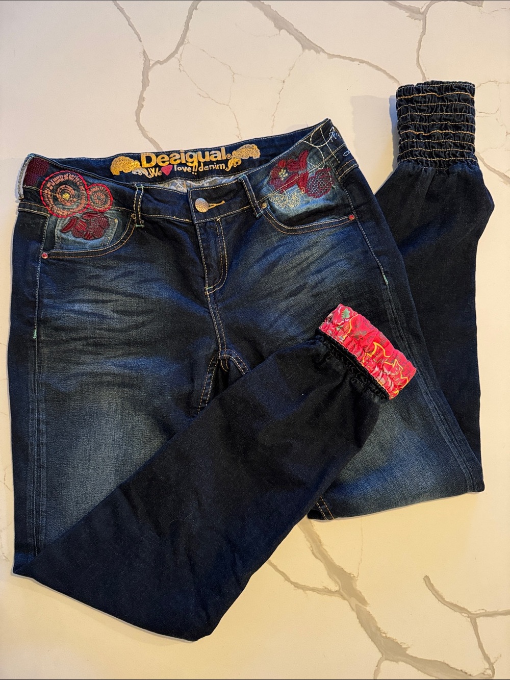 Desigual Dark Blue Embroidered Slim Jeggings with Elastic Cuff